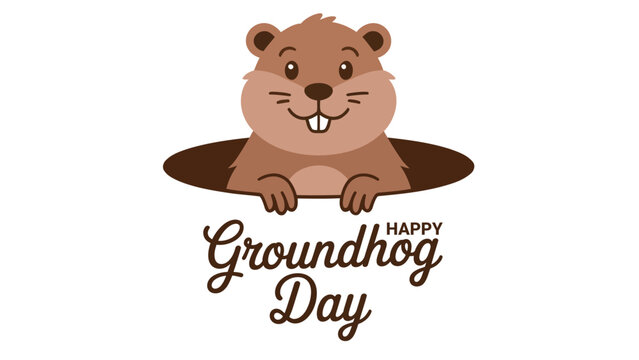 Happy groundhog day cute cartoon illustration with smiling groundhog peeking from burrow, playful character design for february 2 holiday greetings, posters and prints
