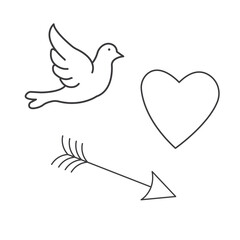 A doodle-style line art illustration of a flying dove with wings, an outline of a heart, and an arrow with feathers and a pointed end.