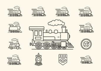 A collection of black outline icons depicting various styles of steam locomotives © aprian