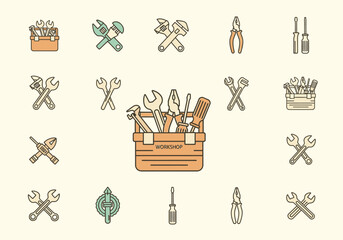 A collection of various tools and toolboxes illustrated in a flat vintage style