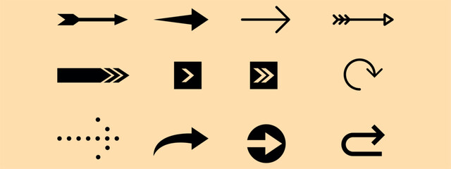 A set of 12 black vector arrow icons in various styles and shapes, arranged on a uniform light beige (sand) background.