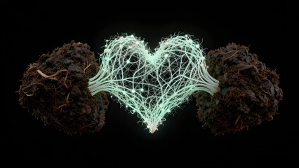 Abstract, luminous heart composed of synaptic fibers growing out of the ground, symbolizing organic growth and connection to Mother Nature. 