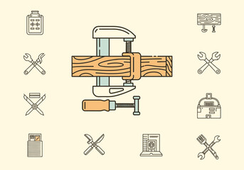 An illustration of a woodworking clamp holding two pieces of wood surrounded by tool icons