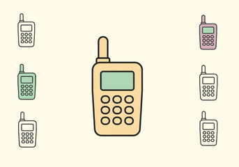 An illustration of one large and six small vintage mobile phones or walkietalkies