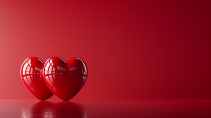 Two red hearts with happy valentine s day message on a vibrant red background with space for text