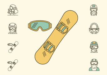 Assortment of snowboarding gear icons including a large snowboard and goggles