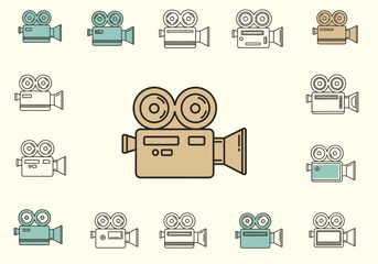 Assortment of vintage film camera icons in beige and teal outlines