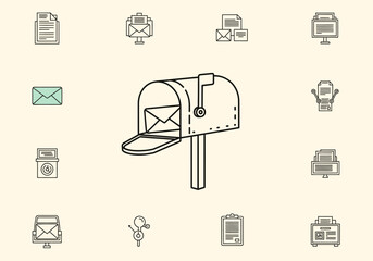 Black and white line art icons related to mail centered around an open mailbox with a letter inside