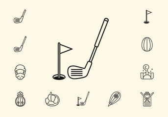 Collection of black line icons related to golf and other miscellaneous objects
