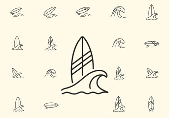 Collection of black line art icons featuring surfboards and ocean waves on a light background