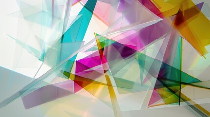 Abstract composition of colorful translucent shapes in various shades of pink, blue, and yellow. Geometric forms overlap creating a vibrant visual effect.