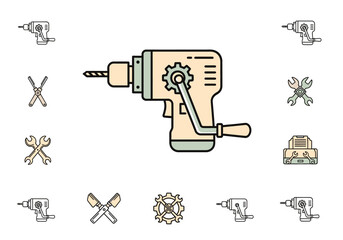 Collection of handcrank drill and tool icons in beige green and black outlines