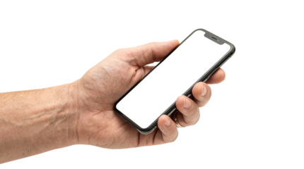 Male hand holding black smartphone with blank white screen in perspective isolated on transparent background