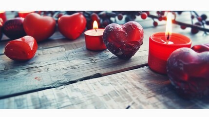 Elegant heart shaped candies and candles creating a romantic atmosphere with selective focus