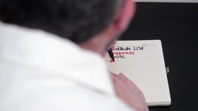 Gratitude List Journals Concept - Gray Haired Middle Aged Man Writes in Journal About What He is Grateful and Thankful For in Life