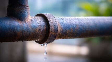 Rusty metal pipe with a visible water droplet hanging from the joint, showcasing the effects of corrosion and wear in an industrial setting with blurred background