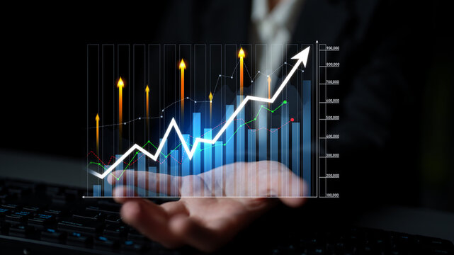 A business professional showcases a digital financial growth chart with arrows indicating upward trends and bar graphs representing market success and data analysis. Scalp - Powered by Adobe
