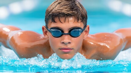 Young male swimmer with goggles is performing a butterfly stroke in a clear blue pool, showcasing determination and athleticism in a competitive swimming environment