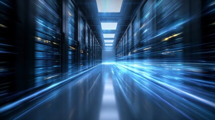 A data center with glowing blue light trails highlighting the movement of information across server racks