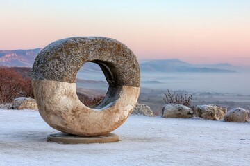 Fototapeta premium Stone sculpture at sunrise in misty mountain landscape