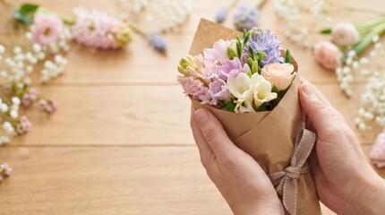 Creating beautiful floral bouquets step-by-step guide for floral arrangement lovers indoor workspace visual tutorial warm atmosphere close-up view nature's artistry