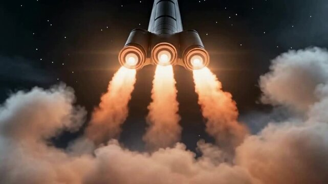 Massive rocket booster ignites three powerful engines at night, generating enormous clouds of brilliant orange smoke and fire during an intense vertical launch sequence toward the stars above.