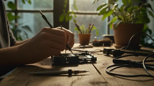 Hands assembling a microcontroller on a wooden workbench with tools and plants in the background