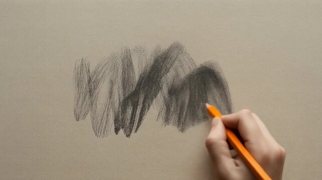 Hand gripping orange graphite pencil ready to sketch on kraft paper surface