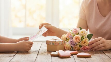 Celebrating special moments a heartfelt gift exchange between a parent and child in a cozy home environment capturing love and togetherness