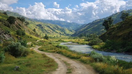 A sun-drenched valley with a winding dirt road and a meandering river, flanked by rolling green hills under a partly cloudy sky