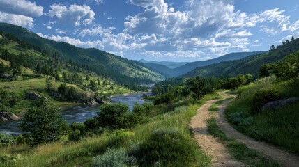 Fototapeta premium A serene countryside scene captures a winding river valley, lush greenery, and a dirt road under a bright, cloudy sky