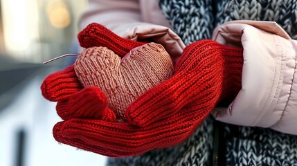 Valentine s day card   women s hands in red gloves holding a heart on winter background