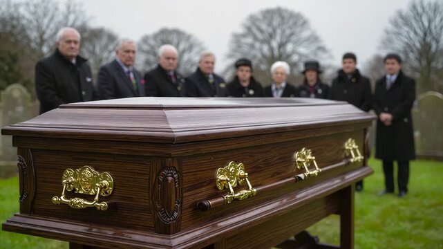 Elegant wooden coffin with brass handles and grieving mourners attending a somber outdoor funeral ceremony for an end-of-life concept