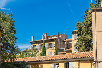 AIX EN PROVENCE , FRANCE - SEPTEMBER 30: Small old streets in the old town of Aix en Provence with typical french facades