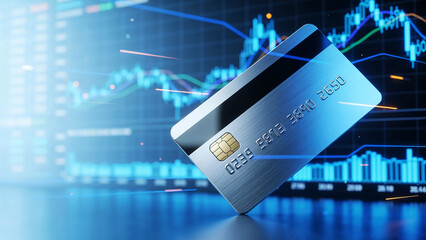 3D Render of Metallic Credit Card over Financial Stock Market Charts – Concept for Digital Payments, Fintech, and Global Investment Trading