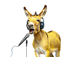 A yellow donkey with headphones and a microphone in front of it, standing against a