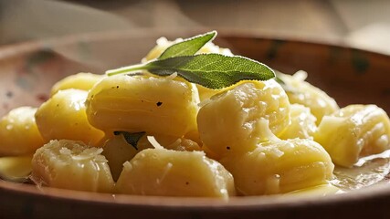 Delicious homemade potato gnocchi pasta served on a rustic plate generously coated in a rich creamy butter and sage sauce highlighting traditional Italian culinary artistry and comfort food appeal.