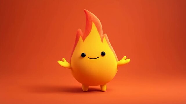 Cute Cartoon Fire Flame Character, A cute cartoon fire flame character with a smiling face and bright orange and yellow colors, radiating warmth and cheer