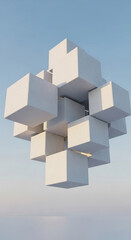 Naklejka premium Abstract image of white cubes arranged in a complex structure against a light blue sky, showcasing a minimalist architectural or design concept, ideal for modern branding or presentation