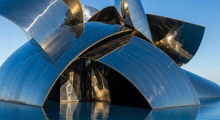 Reflective metallic sculpture, curved forms create abstract design, showcasing modern architecture and artistic expression, ideal for design or technology concepts