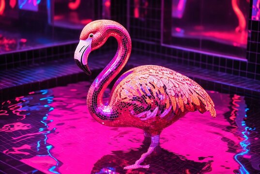 Flamingo Pool Decor with Neon Lights: Vibrant Exotic Bird Sculpture for Modern Home and Party Themes - Powered by Adobe