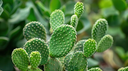 A close-up view of a green prickly pear cactus with numerous pads and spines. The background features lush green foliage, creating a vibrant natural scene.