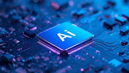 A close-up view of a computer chip with the letters Ai on it, set against a blue circuit board background.