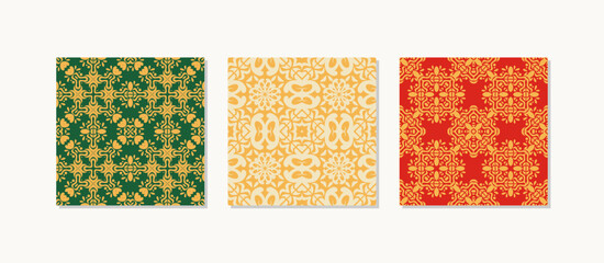 Set of green and yellow geometric square tiles featuring simple flat shapes and repeating abstract patterns. This modern decorative design is suitable for backgrounds