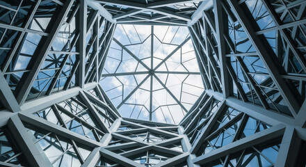 Low-angle view of a glass and metal structure, showcasing intricate geometric patterns reflecting a blue sky.  The image symbolizes modern architecture, innovation, and design