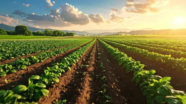 Lush green crop rows stretch towards the horizon under a vibrant sky.