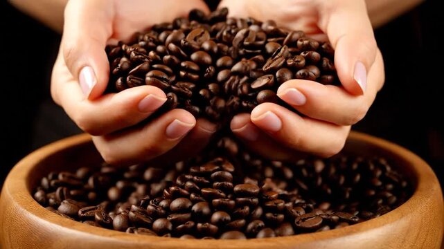 Hands cradling roasted coffee beans spilling from a wooden bowl