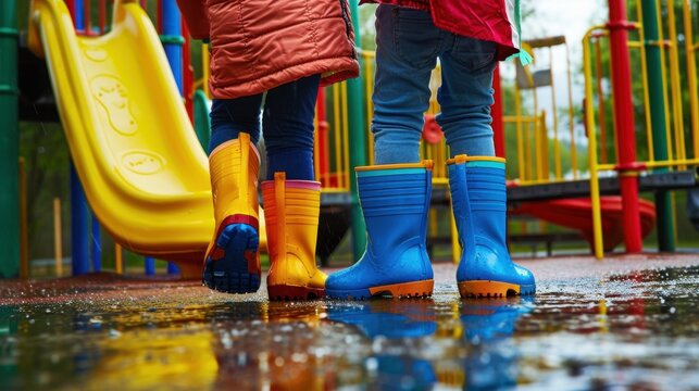 Two children wearing colorful rain boots stand on a wet playground. One child has yellow boots, and the other has blue boots. A yellow slide is visible in the background. - Powered by Adobe