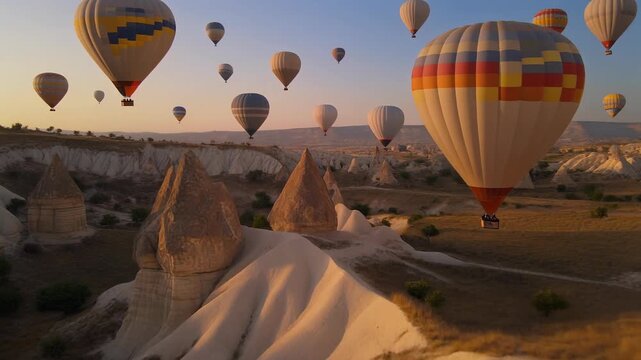 Hot air balloons drifting over cappadocia?s fairy chimneys at sunrise