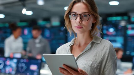 Young female government employee wearing glasses engages with tablet in modern office setting during workday, surrounded by colleagues focused on digital data analysis - Powered by Adobe